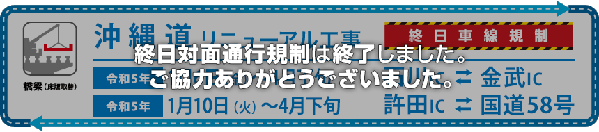 E58沖縄自動車道 石川IC～金武IC間、許田IC～国道58号間で終日対面通行規制