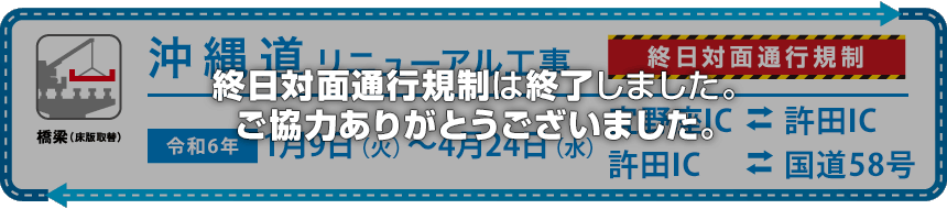 E58沖縄自動車道 宜野座IC～許田IC間、許田IC～国道58号間で終日対面通行規制